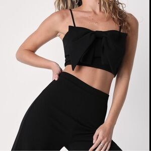 Lulus Spontaneous Sensation Black Bow Two-Piece Wide-Leg Jumpsuit